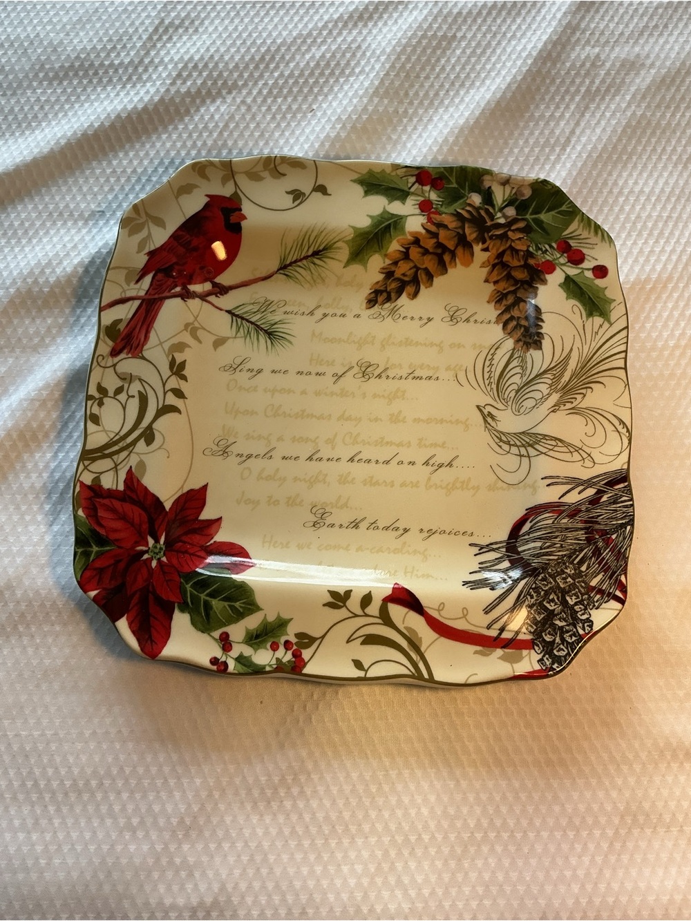 222 Fifth Cream Square Ceramic Plate - Holiday Wishes